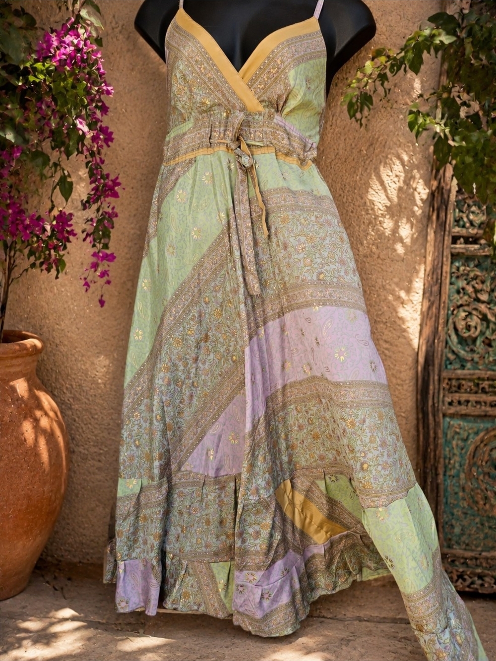 Tiered Boho Maxi Dress in Sage, Lilac & Mustard